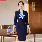 Korean Women Colorblock Bow Tie Slim Business Workwear Blazer Suits Jacket Coats