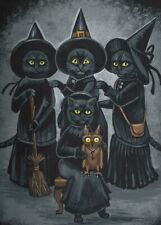 ACEO PRINT OF PAINTING HALLOWEEN RYTA BLACK CAT WITCH SISTERHOOD Folk ART Salem