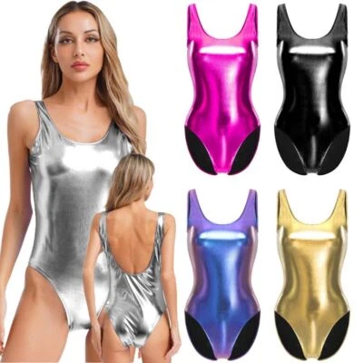 DE Damen Metallic Bodys Glänzend Catsuit Ärmellos Jumpsuits Trikotanzug Disco  - Bild 1 von 4
