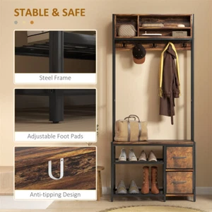 Shoe Storage Hall Tree Entryway Organizer Cabinet with Bench and Hooks - Picture 1 of 8