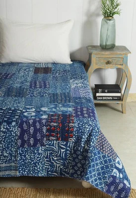 Indian Kantha Quilt Block Print Floral Patchwork Bedspread Blanket Twin Throw - Image 1 of 4