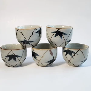 Japanese Crackle Glaze Bamboo Motif Ceramic Teacup Set of 5 - Picture 1 of 13