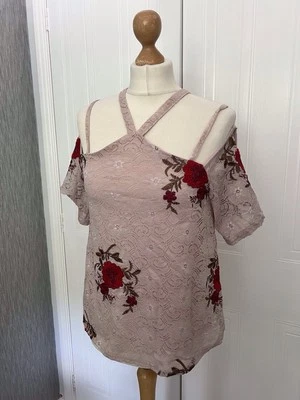 River Island Size 10 short sleeved Off Shoulder Strappy Lace Top Embroidered  - Image 1 of 4