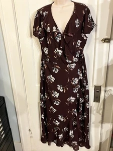 Maurices Women’s XL Maxi, Wrap Dress, Floral Brown & Blue. Ruffles. Pockets - Picture 1 of 13
