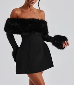 Women's Fashion Temperament Off Shoulder Faux Fur Dress Slim Fit A-Line Dress - Picture 1 of 6