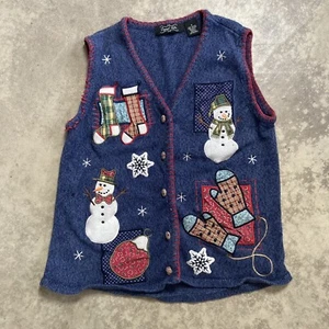 Crystal Kobe Sweater Womens Small Christmas Snowman Vest blue Holiday Festive - Picture 1 of 15
