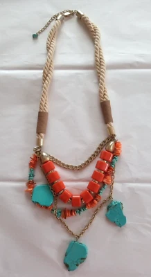 Collar Chico’s Boho Beachy Distintivo Turquesa Coral Naranja Cuerda 4 Hilos Foto 1 de 4