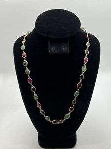 Elegant 14K Yellow Gold Ruby, Emerald & Sapphire Ladies Necklace 28” long 16.1gr