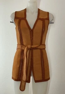 Vintage 70er Jahre Häkel Wildleder Patchwork Damen Leder Weste (siehe Mängel - Bild 1 von 19