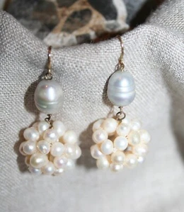FRESHWATER PEARL Earrings Ivory & Grey 2.75" Dangling Cluster Ball Gold Hooks - Picture 1 of 10