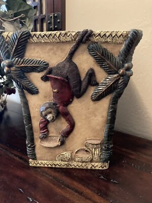 10" Vintage Heavy Resin Raised Relief Monkey & Palm Tree Planter or Waste Basket - Image 1 of 4