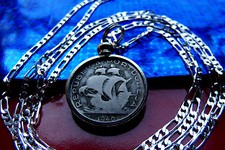 1930-1945  Portuguese Silver Ship Coin Pendant 28" 925 Sterling Silver Chain