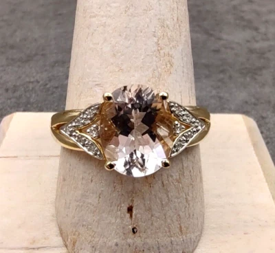 Кольцо из желтого золота 14 карат с овальным морганитом и бриллиантами 2,60 карата Estate размер 9,5 QVC - Изображение 1 из 4