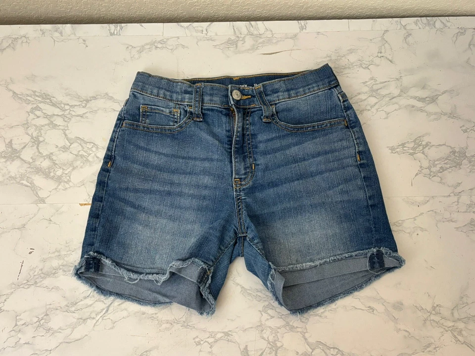 Pantalones Cortos Denim Azul Marino Antiguo Niñas Talla 12 Tiro Medio 100% Algodón Puños Rasgados L1 Foto 1 de 3