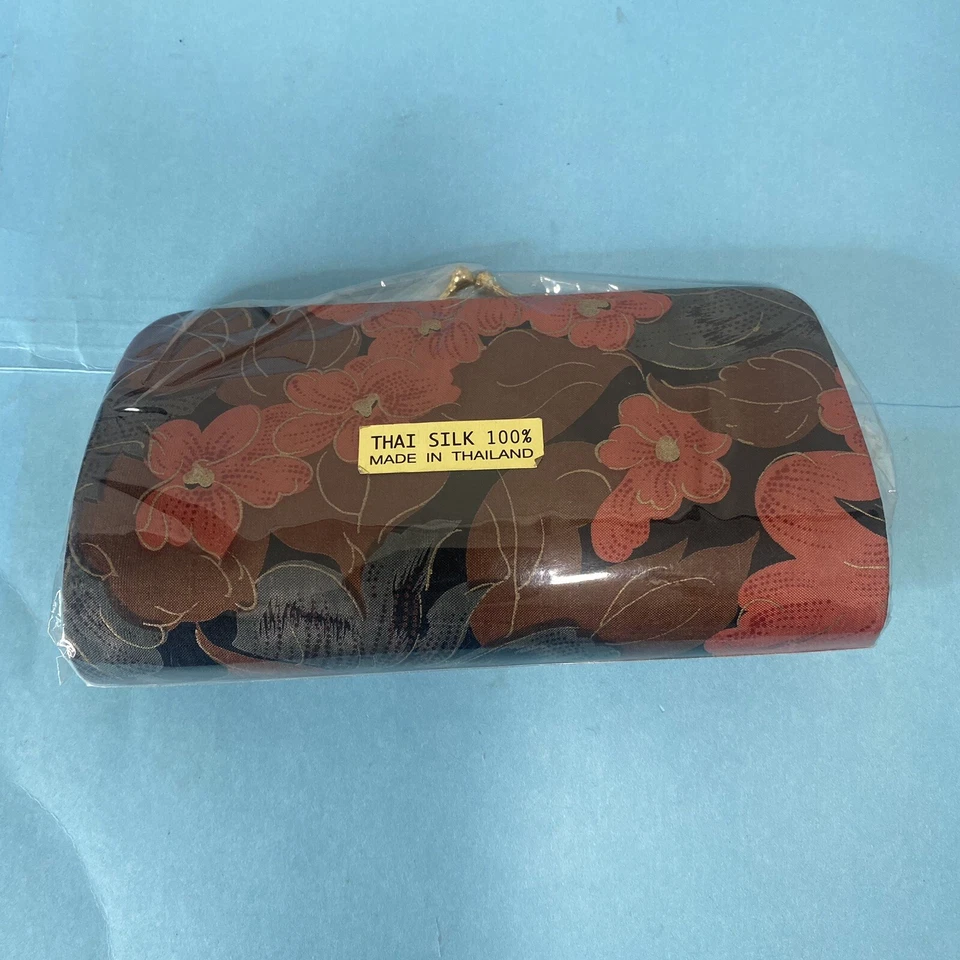 泰国 100% 真丝钱包泰国制造花卉金色桃色棕色 全新 — 第 1/4 张图片