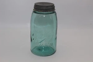 VINTAGE BALL MASON BLAU/GRÜN GLAS QUART EINMACHGLAS MIT DECKEL - Bild 1 von 7