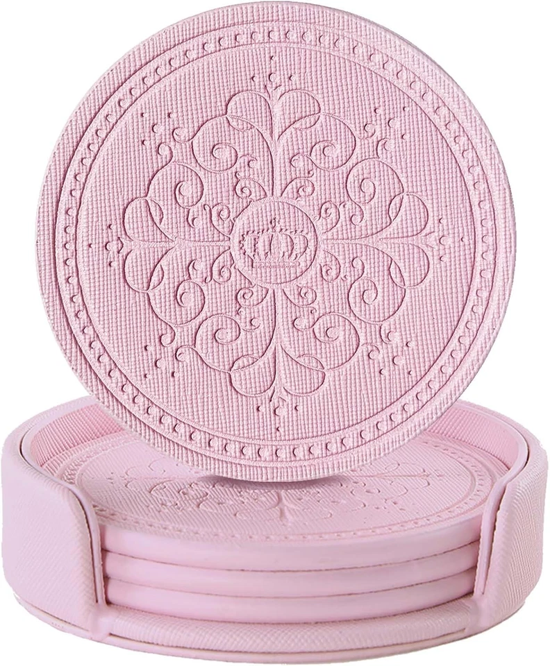 Set Di 4 Sottobicchieri Rotondi in Pelle PU per Bevande Con Supporto, Rosa Fatti - Immagine 1 di 4