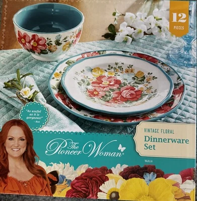 Juego de vajilla vintage floral de 12 piezas The Pioneer Woman platos verde azulado cuencos Foto 1 de 4