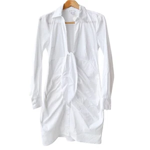 Venus: NEU tiefes gerafftes weißes Langarmshirt-Etuikleid mit V-Ausschnitt vorne: Größe 8 - Bild 1 von 6