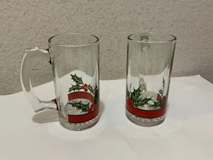 2 Holly Berry Beer Mug Stein 5.5"  Heavy Gold Trim Christmas Holiday - Picture 1 of 8