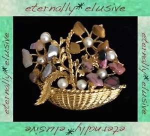 Vintage Large 60s 70s Semi Precious Stone Faux Pearl Abstract Basket Brooch Pin - Picture 1 of 4