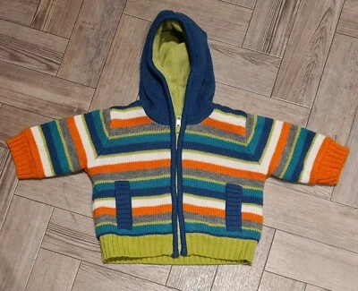 ❄ Sudadera con capucha tejida a rayas forrada de lana - Bebé niño 0-3 m - En muy buen estado - 🙂 Cálido Foto 1 de 2