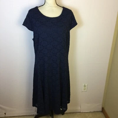 Alfani A-line Dress 16W Womans Plus Navy Blue Floral Lace Short Cap Sleeve Lined - Image 1 of 4