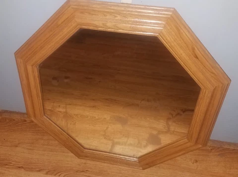 FINE Vintage SOLID OAK Octagon Shaped WALL MIRROR~Reverse Painted EAGLE Scene! Cover