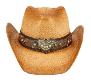 Cowboy Hat Heart Crystal Straw Studded Leather Western Concert Fancy Hat - Picture 1 of 5