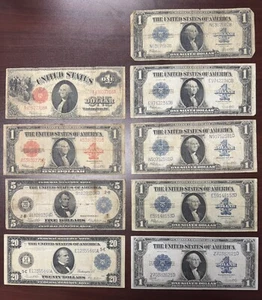Lot (9) Large US Notes 1923 $1 Red Seal, 1917 $1, 1914 $5, 1914 $20, 1923 $1 X 5 - Picture 1 of 20