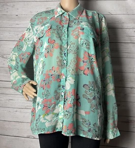 I Jeans By Buffalo Blouse Large Semi-Sheer Teal Pink Floral Print Sequin Collar - Picture 1 of 14