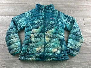 Patagonia Jacket Kids Large 12 Girls Youth Blue Camo Camoflauge Puffer Coat Zip. - Picture 1 of 10