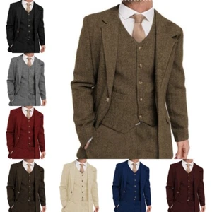 Men 3 Piece Tweed Suit Wool Herringbone Suits Blazer Vest Pants 42r 44r 46r 48r - Picture 1 of 22
