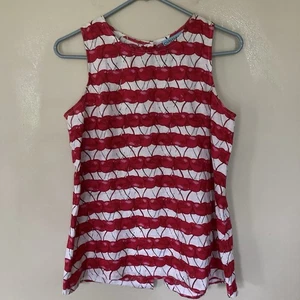 Cynthia Rowley Womens White Red Cherry Print 100% Linen Round Neck Blouse; Sz S - Picture 1 of 5