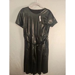 Ann Taylor Faux Leather Pleated Belted Sheath Dress Black Size 14 Career #1578 - Picture 1 of 9