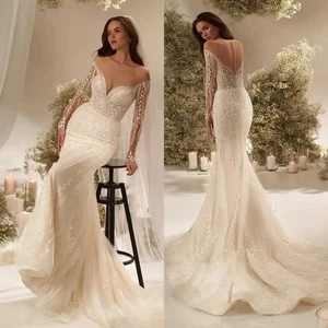 Meerjungfrau Brautkleider transparenter Ausschnitt Langarm Pailletten Applikationen Sweep Schleppe - Bild 1 von 9