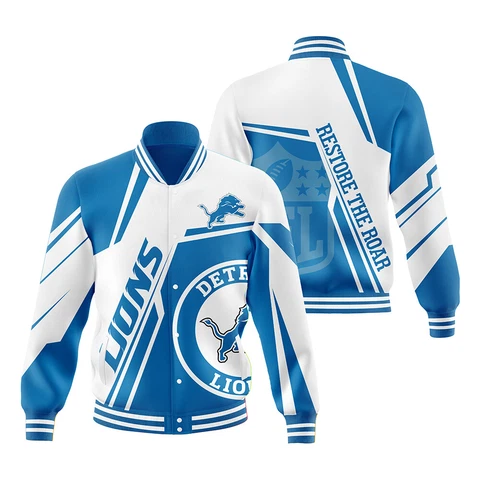Detroit Lions Mens Varsity Jacket Casual Snap Button Outwears Workout Coat Gift Cover