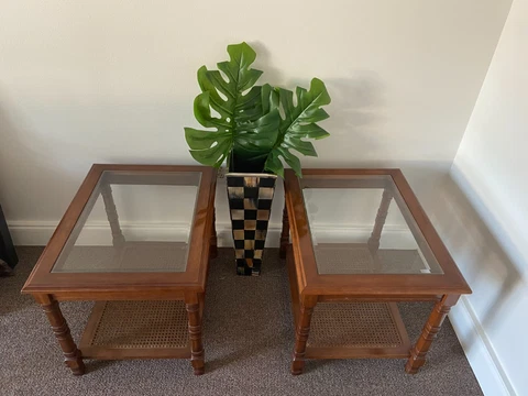 PAIR OF VINTAGE END TABLES..Cane..Beveled Glass Cover