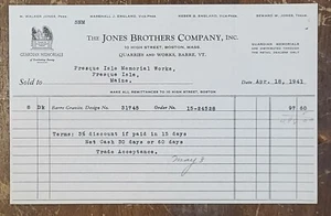 1941 Billhead Boston Massachusetts The Jones Brothers Company Guardian Memorials - Picture 1 of 1