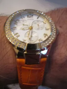 GUESS CHRONOGRAPH WATCH WITH CRYSTAL BEZEL - U12564L4 - ORANGE LEATHER - BBA-28 - Picture 1 of 7