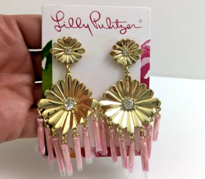 NEW Lilly Pulitzer Mandevilla Baby Pink Gold Tassel Door Knocker Flower Earrings - Image 1 of 4