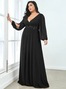 Plus Size Elegant Chiffon V-Neckline Long Sleeve Formal Evening Dress - Picture 1 of 55
