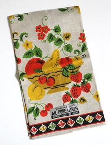 Vintage MCM Pure Linen Kitchen Dish Tea Towel Parisian Prints Fruit Bowl NEW - Picture 1 of 5