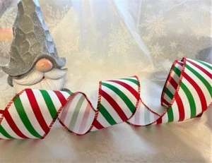 Christmas CANDY CANE STRIPE - Festive Red Green White - Luxury Wire Edge Ribbon - Picture 1 of 2