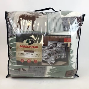 Mossy Oak King Comforter 7 Piece Bed Set Buege Green Brown Canoe Moose Bear New - Picture 1 of 8