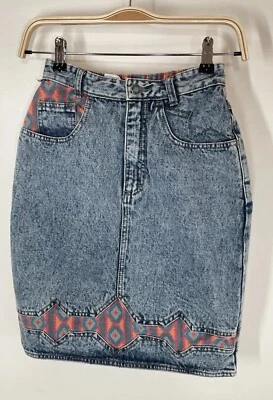 VTG 90s Skirt Acid Wash Southwest Denim High Waist Jr. SZ 3 100% Cotton Filippo - Image 1 of 4