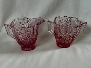L G Wright Daisy & Button Depression Pink Glass Sugar Bowl & Creamer Set 2 pc - Picture 1 of 5