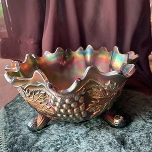 Northwood Electric Amethyst Grape & Cable Carnival Glass Bowl 10.75” Footed VTG. - Picture 1 of 9
