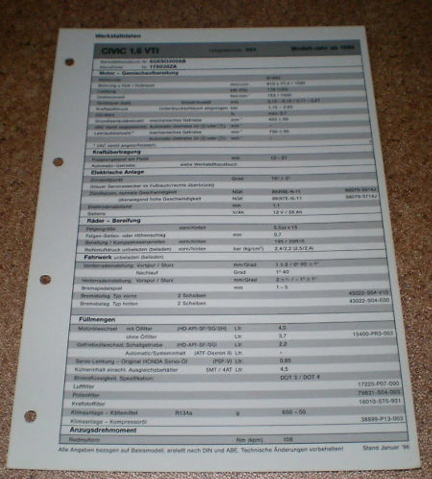 Hoja De Inspección Honda Civic 1,6 VTI - Desde 1996! - Imagen 1 de 1
