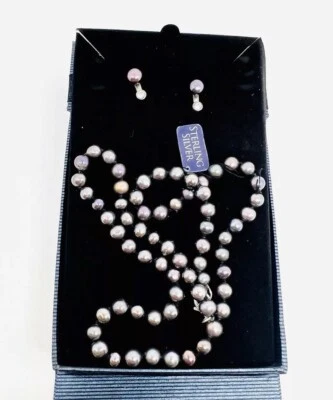 Pendientes Collar Plata Esterlina Iridiscente Genuino Perla Gris Joyería Vintage Foto 1 de 4